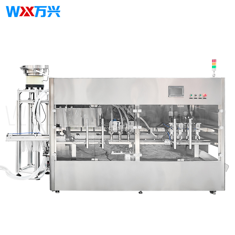4-head filling and capping machine with screw cap. Standalone bag filling machine