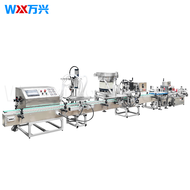 Filling, applying the top cap, screw-capping, and marking the round bottles with reference lines. 6-head magnetic pump filling machine