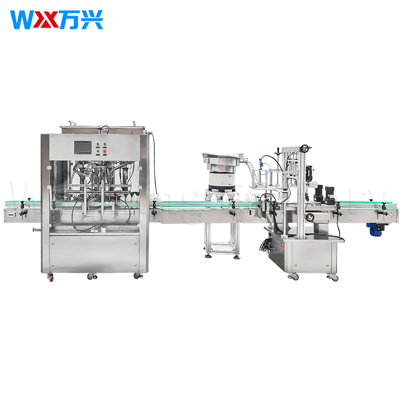 Filling and capping line for upper caps. Liquid fertilizer: 4-head tank body pull-out mechanism.
